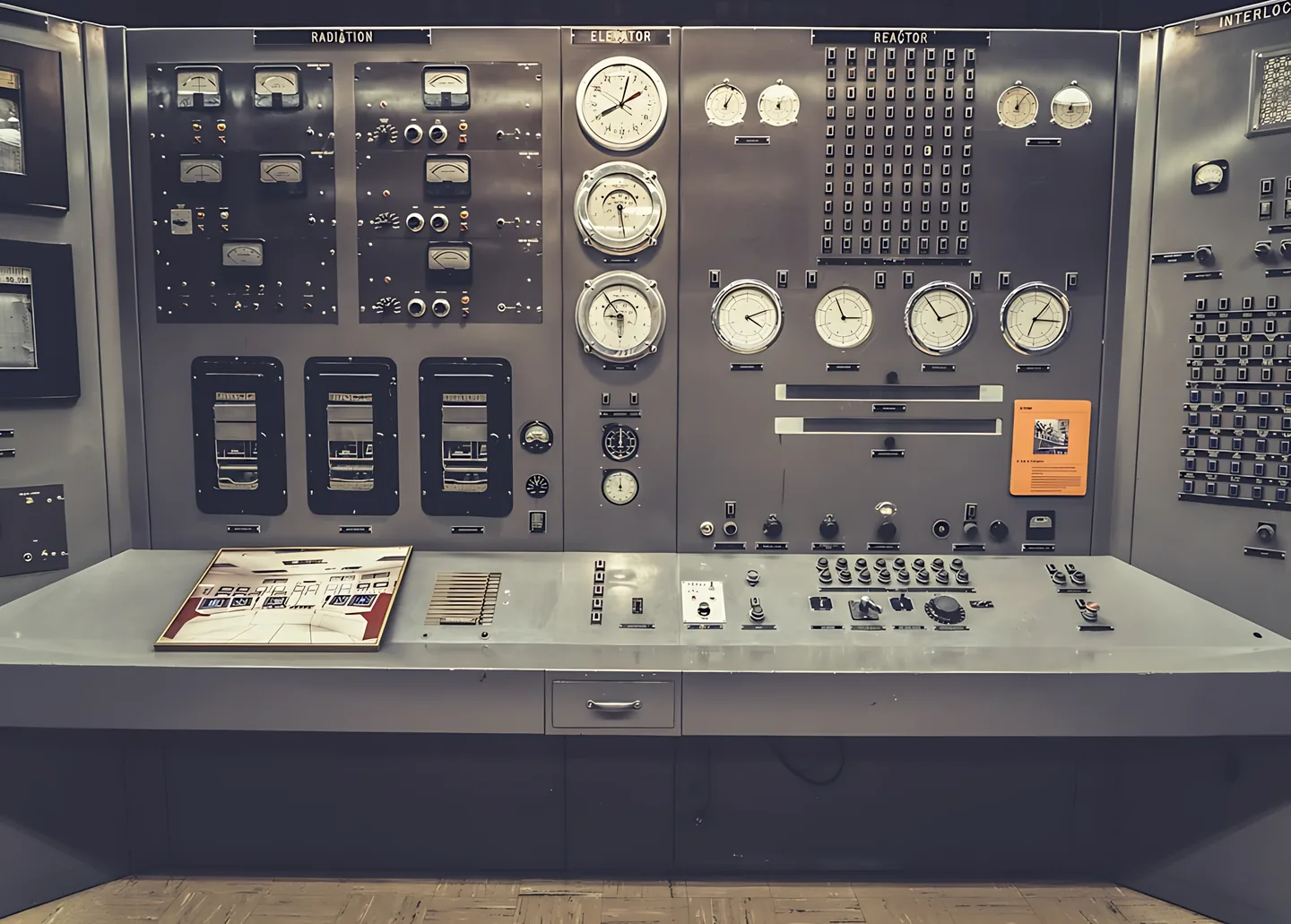 Control room instrument panel with gauges and switches