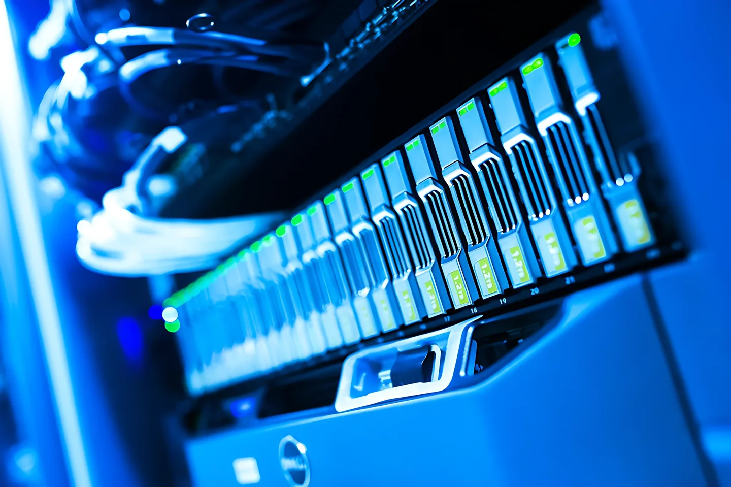 Close-up of a data center storage array