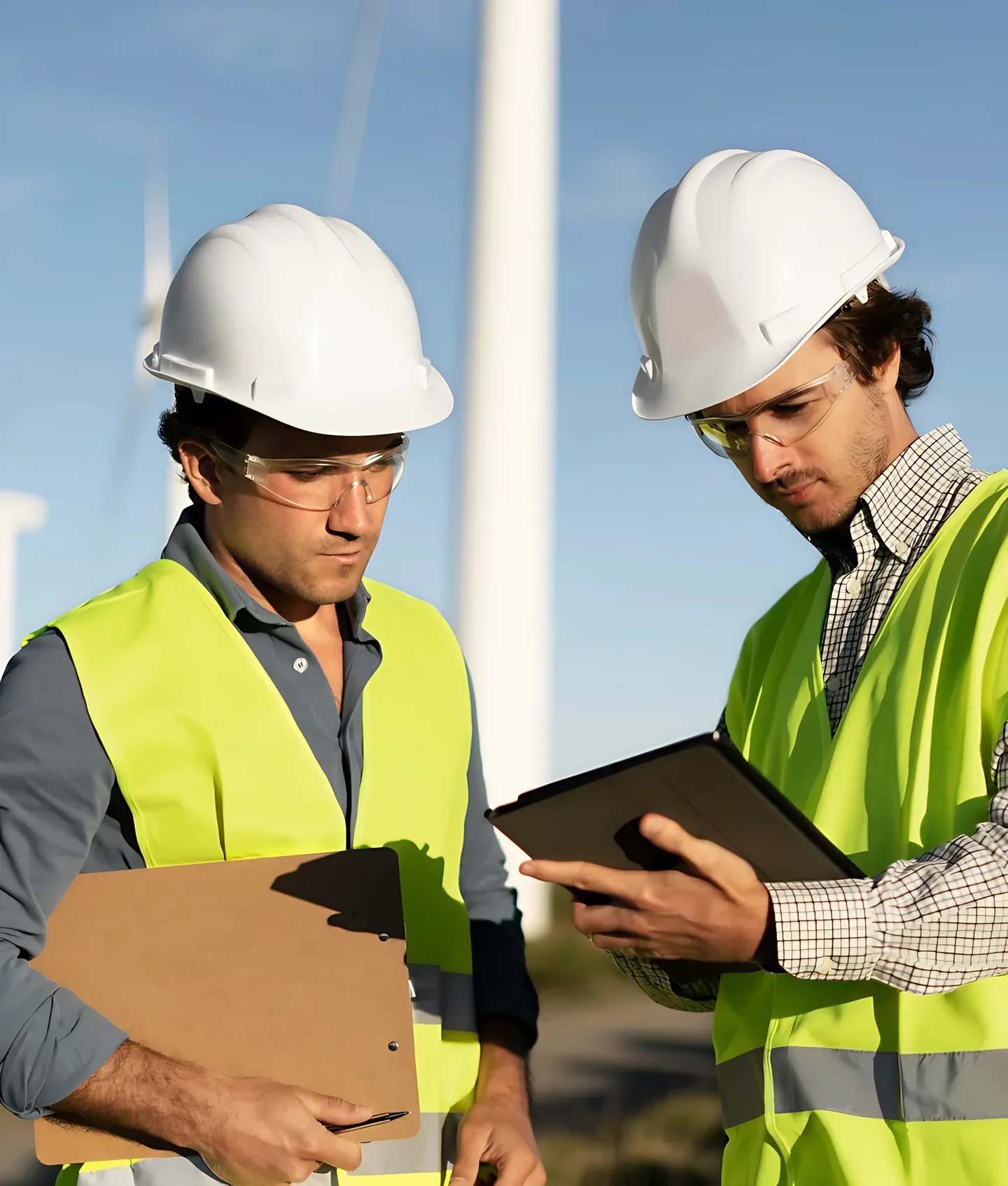 Two engineers in hard hats reviewing plans on site